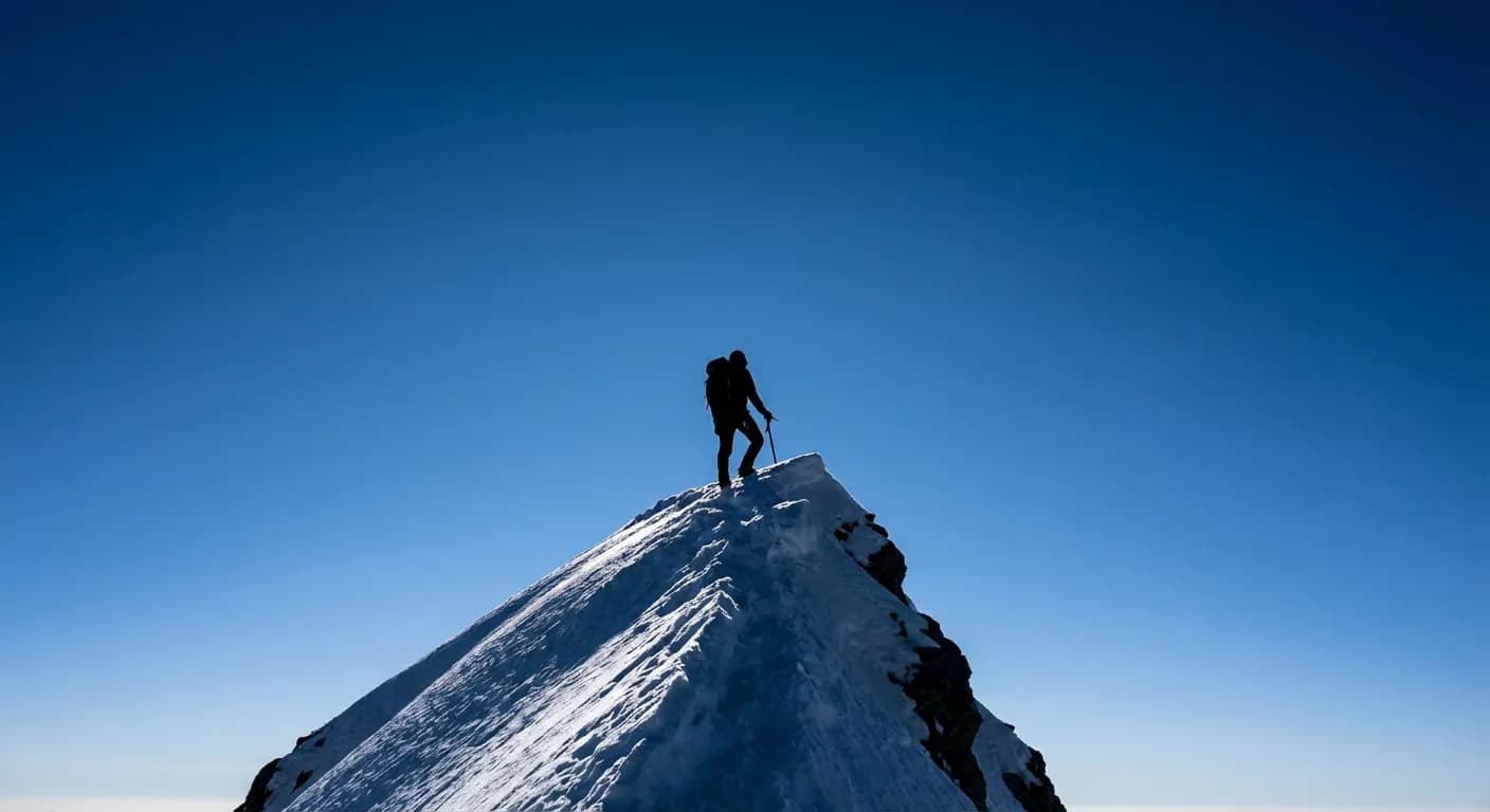 Ascension de l'Elbrouz : Guide pour le toit de l'Europe Silhouette d'un alpiniste sur une crête enneigée de l'Elbrouz